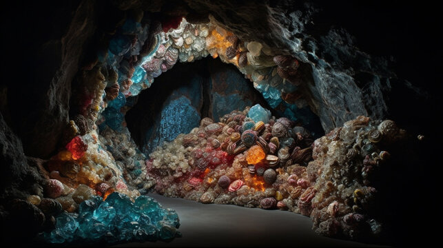 A hidden grotto filled with sparkling geodes and precious gemstones Generative AI