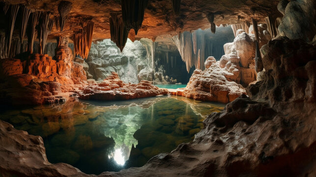 A vast underground chamber with intricate rock formations and a subterranean river Generative AI