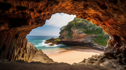 A mesmerizing cave with a stunning natural archway leading to a hidden beach Generative AI