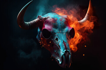 A bull skull with a lot of smoke coming out of it. Generative AI. - obrazy, fototapety, plakaty