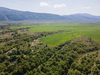 Aerial Spring view of The Forty Springs Reservoir near town of Asenovgrad, Plovdiv Region, Bulgaria