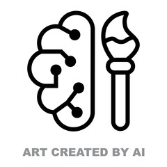This vector graphic depicts a split image; with one side showing a detailed illustration of a brain hemisphere and the other side featuring a suspended paintbrush in motion. Symbolizing art generated 
