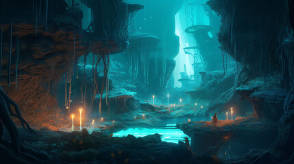 A mystical underground realm with glowing crystals and floating islands Generative AI