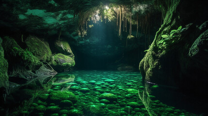 A hidden grotto featuring a mesmerizing display of bioluminescent algae Generative AI