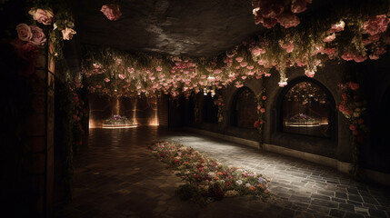 A captivating underground chamber with a ceiling adorned with hanging vines and blooming flowers Generative AI