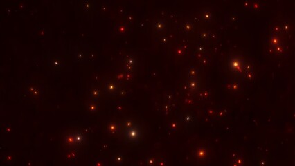 Red shimmering abstract energy particles background. Concept 3D illustration overlay of rising and floating futuristic artificial intelligence quantum nanotechnology robots swirling in space.