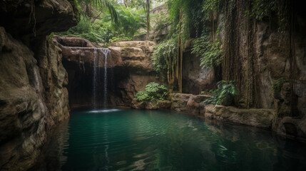 Fototapeta premium A hidden grotto with an enchanting waterfall flowing into a serene pool Generative AI
