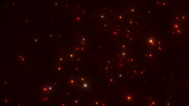 Red shimmering abstract energy particles background. Concept 3D illustration overlay of rising and floating futuristic artificial intelligence quantum nanotechnology robots swirling in space.