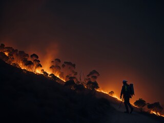 Firefighter walking around a controlled bushfire. Generative AI
