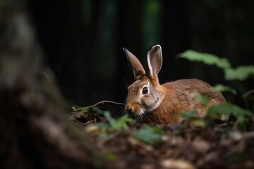 Naklejka na ściany i meble cute brown rabbit sitting in the midst of the woods Generative AI