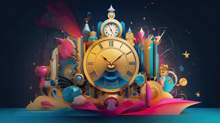 A gold clock surrounded by colorful objects on a blue background. Generative AI.
