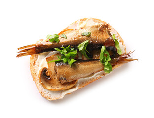 Tasty sandwich with canned smoked sprats on white background