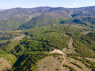 Aerial spring view of Rhodopes Mountain near town of Kuklen, Bulgaria