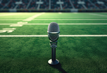 A commentator's microphone on a green footbal field. The idea of sport podcasting. The concept of soccer, rugby journalism. Copy space. Generative AI