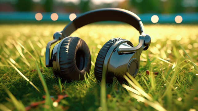 The idea of football podcasting. A commentator's headphones on a green field. The concept of sports journalism. Copy space. Generative AI