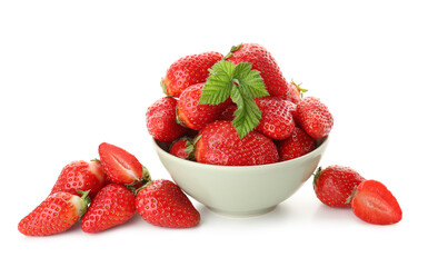 Bowl with fresh strawberries on white background