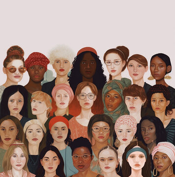 Diverse crowd of womens, different faces of various ethnicities. Generative AI
