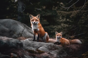 two foxes perched on a rocky outcrop Generative AI