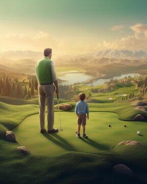 father and son standing on golf green. Fathers day image