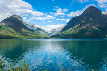 Fototapeta na wymiar Beautiful and colorful lake in Oppstryn, Norway