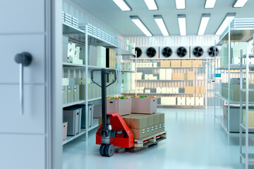 Refrigeration storage. Entrance to freezer chamber at factory. Large cold store. Pallet jack with boxes among racks. Refrigeration warehouse for food production. Industrial storage interior. 3d image - obrazy, fototapety, plakaty