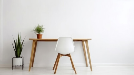 Mockup of a Room With a Desk and Green Plant with a Empty Wall