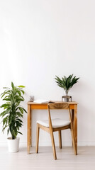 Mockup of a Room With a Desk and Green Plant with a Empty Wall