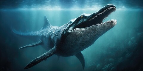 Underwater prehistoric creature or dinosaur swimming underwater. superlative generative AI image. © InfiniteFlow