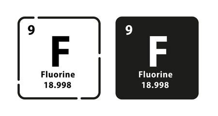 Fluorine periodic element icon. The chemical element of the periodic table. Sign with atomic number. Atomic mass and electronegativity values. Vector illustration