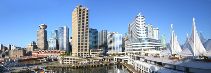 Vancouver, Canada. City Skyline on a Sunny Day, Urban Downtown Cityscape. Panoramic three photo stitch.