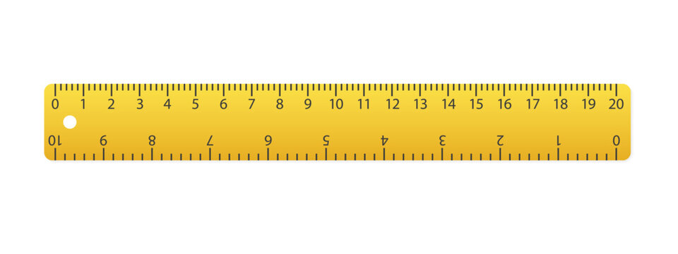 Rulers 20 centimeters with isolated on white. Measuring tool. School supplies. Plastic yellow insulated ruler with double side measuring inches and centimeters. Vector illustration