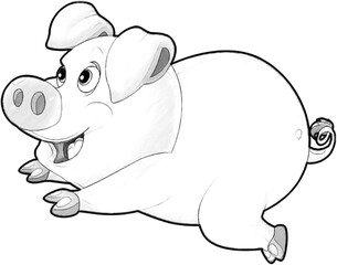 sketch cartoon scene with happy farm pig smiling illustration for children