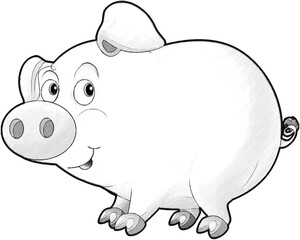 sketch cartoon scene with happy farm pig smiling illustration for children