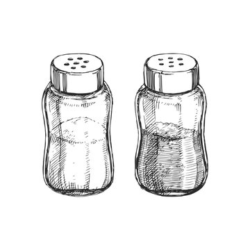 Vector hand-drawn illustration of salt and pepper shakers isolated on white. Sketch of glass jars with spices in engraving style.