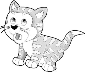 sketch cartoon scene with happy cat doing something playing isolated illustration for kids