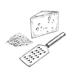 Vector hand-drawn illustration of grated cheese with grater isolated on white. Sketch of natural dairy product in engraving style.