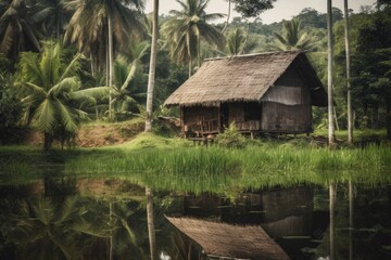 Fototapeta na wymiar Traditional Nipa Hut in a Rural Landscape, Surrounded by Lush Greenery and Reflecting the Simplicity of Rural Living