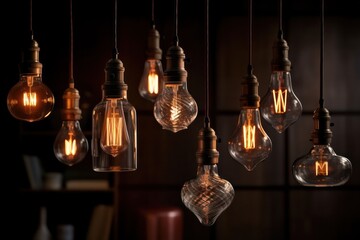 Decorative vintage Edison style incandescent light bulbs on a dark background in a loft style interior. Generative AI