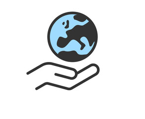 Hand holding planet earth. World environment conservation linear icon. Human protect nature. Save the planet.