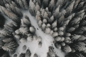 winter wonderland with a birds-eye view of a snow-covered forest Generative AI