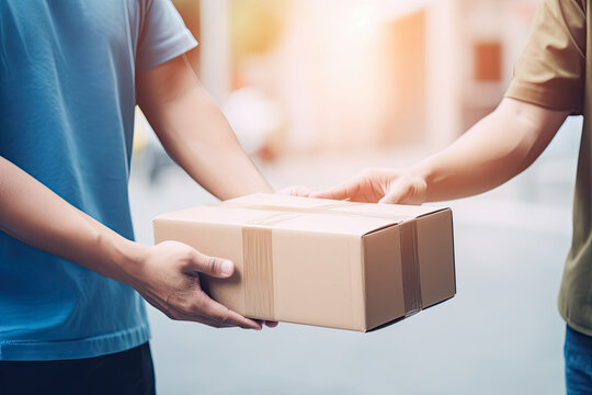 Man's hands accepting a delivery of box or parcel. Cardboard box delivery, gift concept. Generative AI