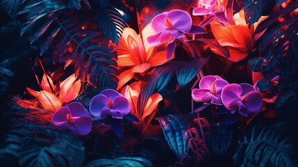 Iridescent Botanical Flowers and Leaves on Moody Black Background with Tropical Glow - Neon Futuristic Plants - Generative AI