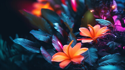 Obraz na płótnie Canvas Iridescent Botanical Flowers and Leaves on Moody Black Background with Tropical Glow - Neon Futuristic Plants - Generative AI