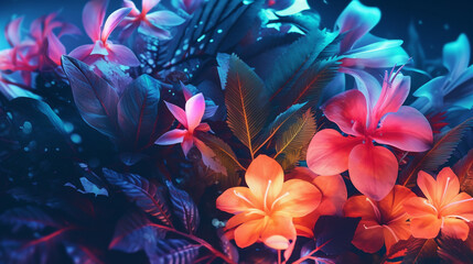 Iridescent Botanical Flowers and Leaves on Moody Black Background with Tropical Glow - Neon Futuristic Plants - Generative AI