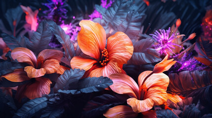 Fototapeta premium Iridescent Botanical Flowers and Leaves on Moody Black Background with Tropical Glow - Neon Futuristic Plants - Generative AI