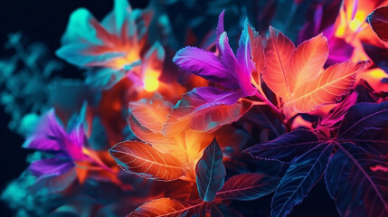 Iridescent Botanical Flowers and Leaves on Moody Black Background with Tropical Glow - Neon Futuristic Plants - Generative AI