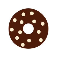Flat chocolate donut with savory streusel topping isolated on white background. Tasty baked unhealthy dessert object. Brown doughnut with frosting top Yummy treat food sign design vector illustration.