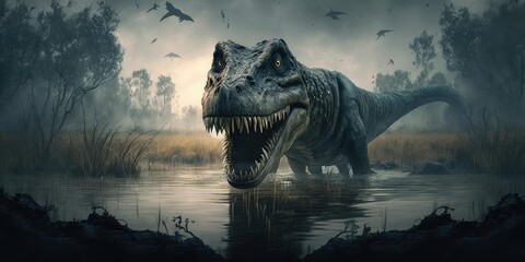 Prehistoric creature or dinosaur in the wild nature. Realistic style drawing. superlative generative AI image.