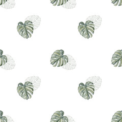 Tropical leaves seamless pattern. Monstera leaves seamless pattern. Monstera leaves on isolated background, watercolor hand painted floral illustration , seamless pattern, jungle design