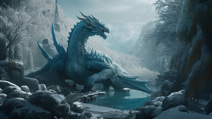 A dragon breathing icy breath, creating a frozen landscape Generative AI